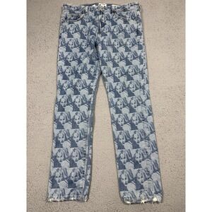 Guess Pleasures Jeans Mens 34x31 Drew Barrymore AOP Blue Slim Straight Denim